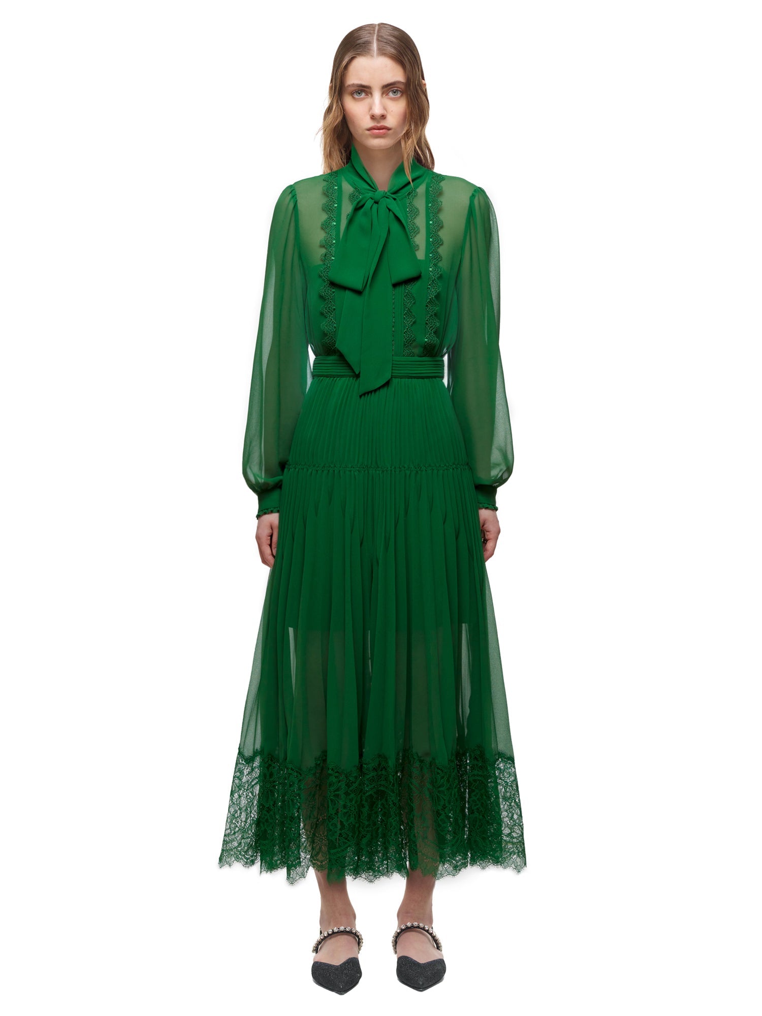 Green Chiffon Trimmed Dress | self ...